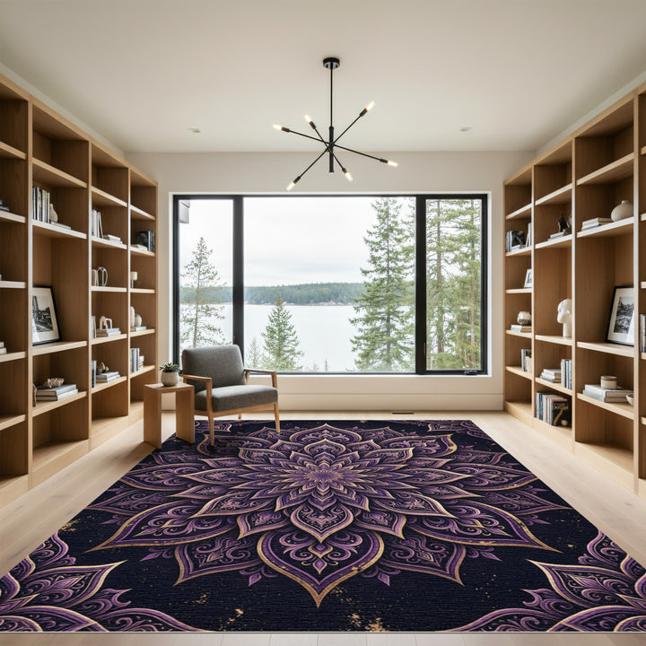 Ornate Purple Gold Mandala Rug