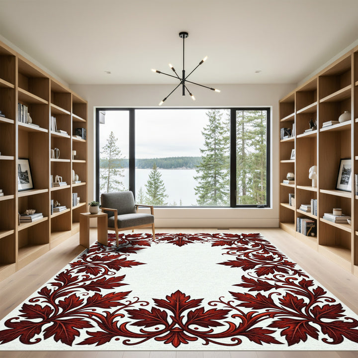 Crimson Red Acanthus Leaf Border Rug