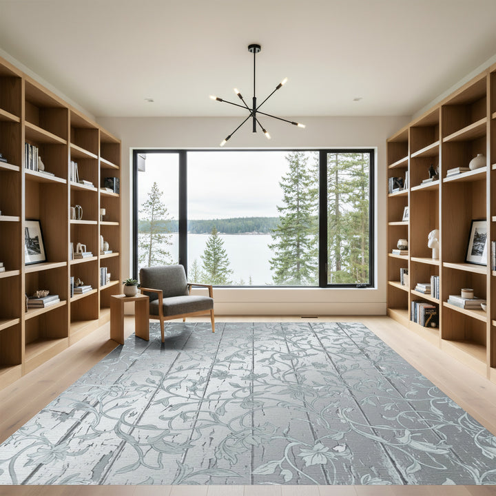 Distressed Silver Floral Vine Wood Grain Rug