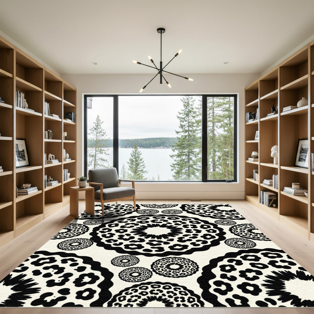 Black Cream Floral Leopard Medallions Rug