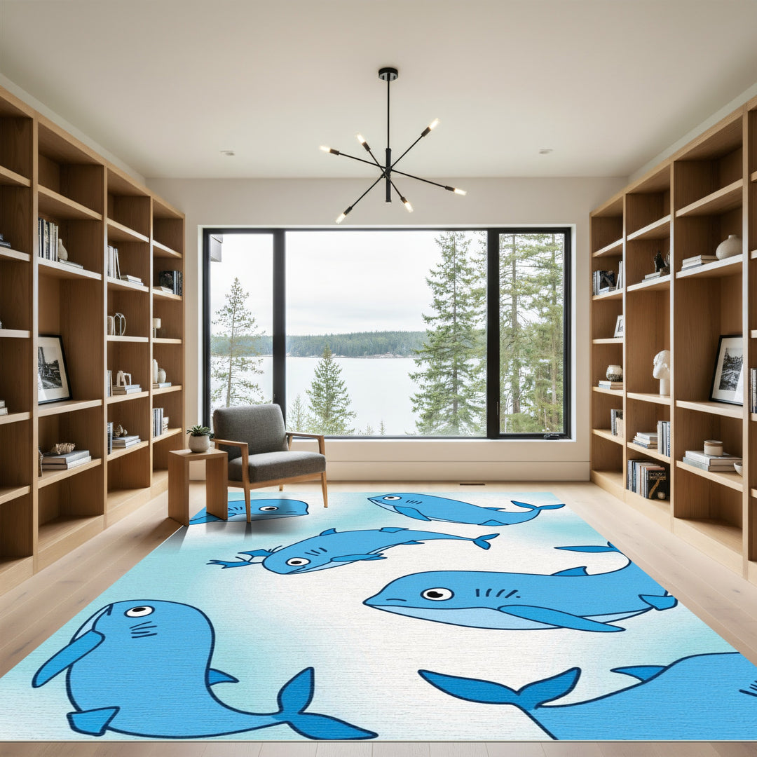 Whimsical Blue Whales Ocean Swirl Rug