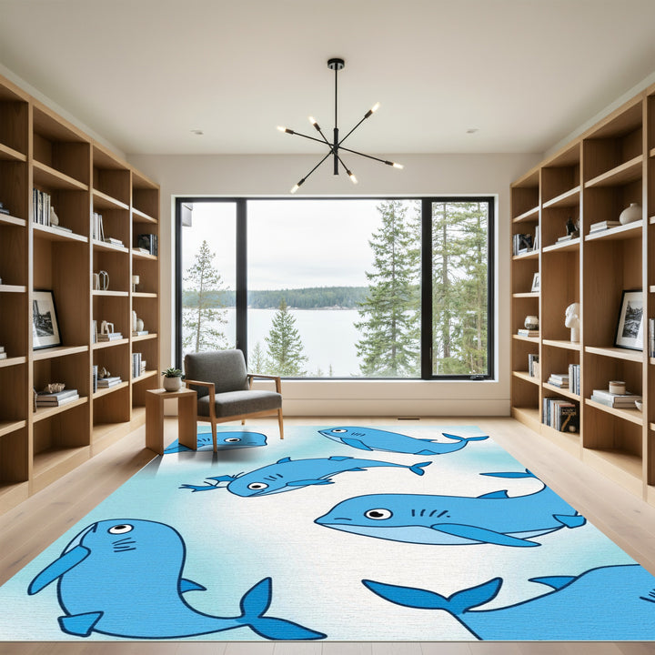 Whimsical Blue Whales Ocean Swirl Rug