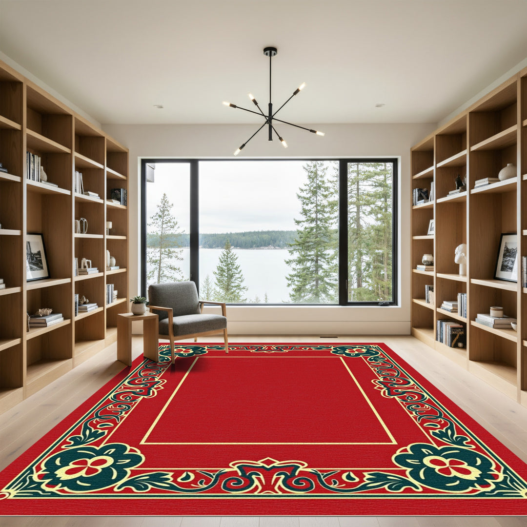 Red Teal Floral Scroll Border Rug