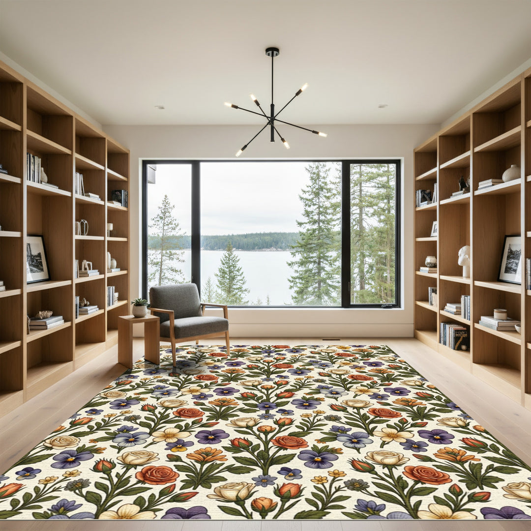 Creamy White and Russet Floral Vine Rug