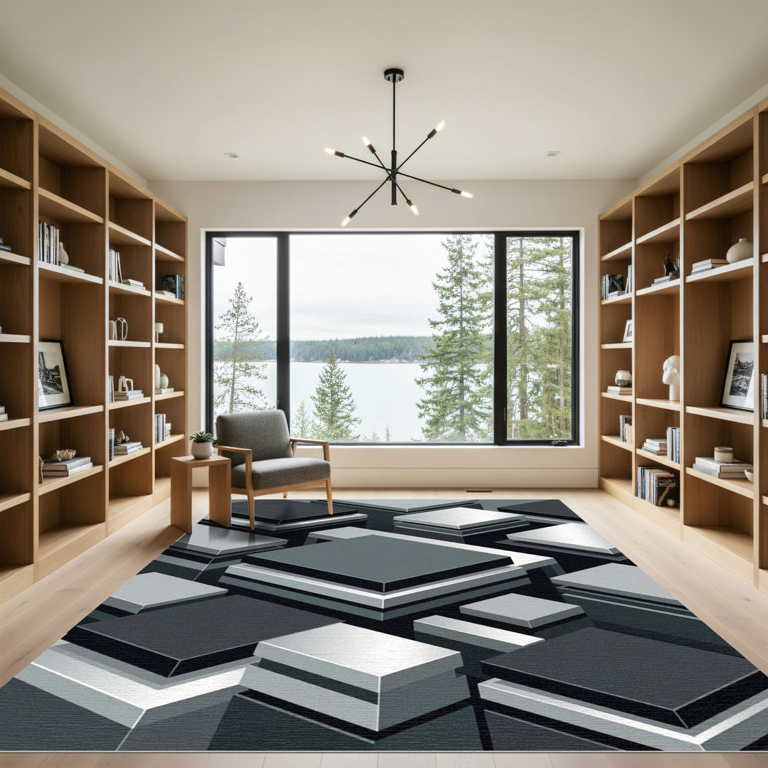 Monochrome Geometric Stacked Layers Rug