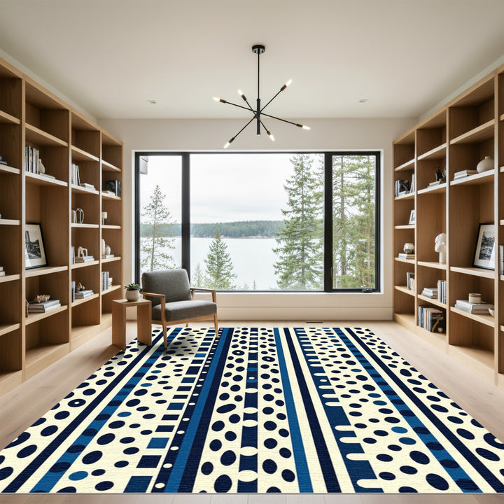 Navy Blue Cream Oval Stripe Rug