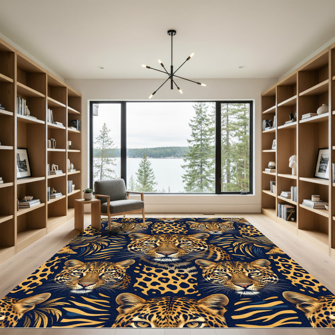 Golden Cheetah Faces Navy Background Rug