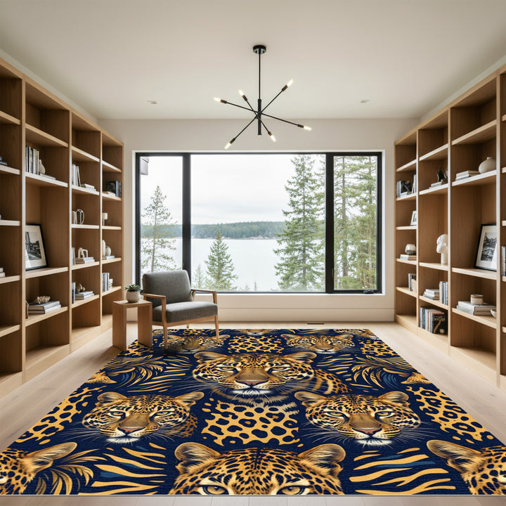 Golden Cheetah Faces Navy Background Rug