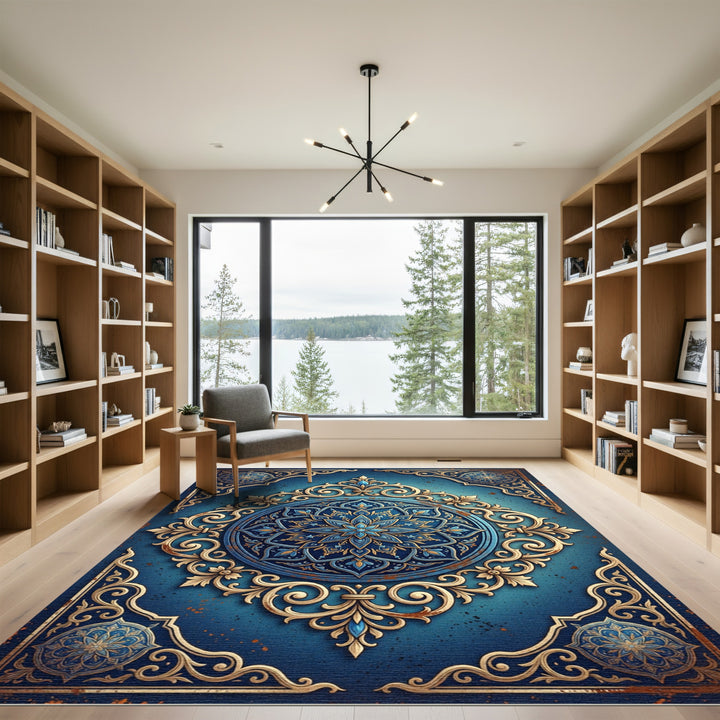 Elegant Blue Gold Mandala Rug