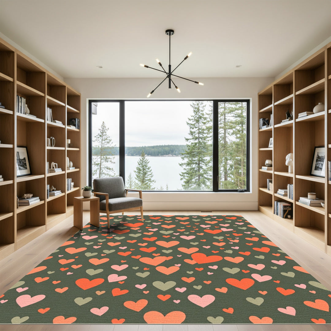 Coral Pink Hearts Dark Green Rug