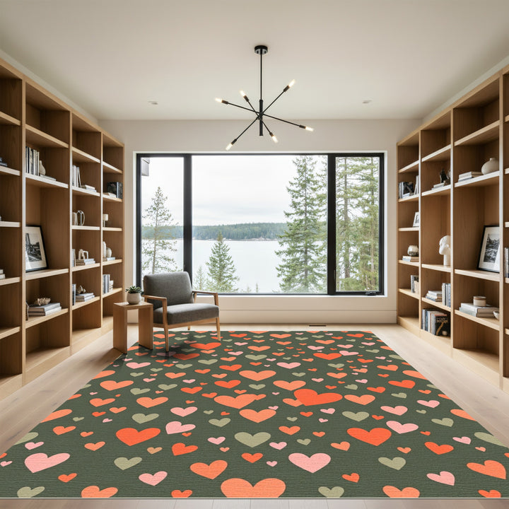 Coral Pink Hearts Dark Green Rug