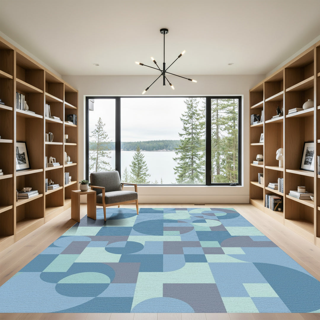 Modern Blue Geometric Circles and Squares Rug