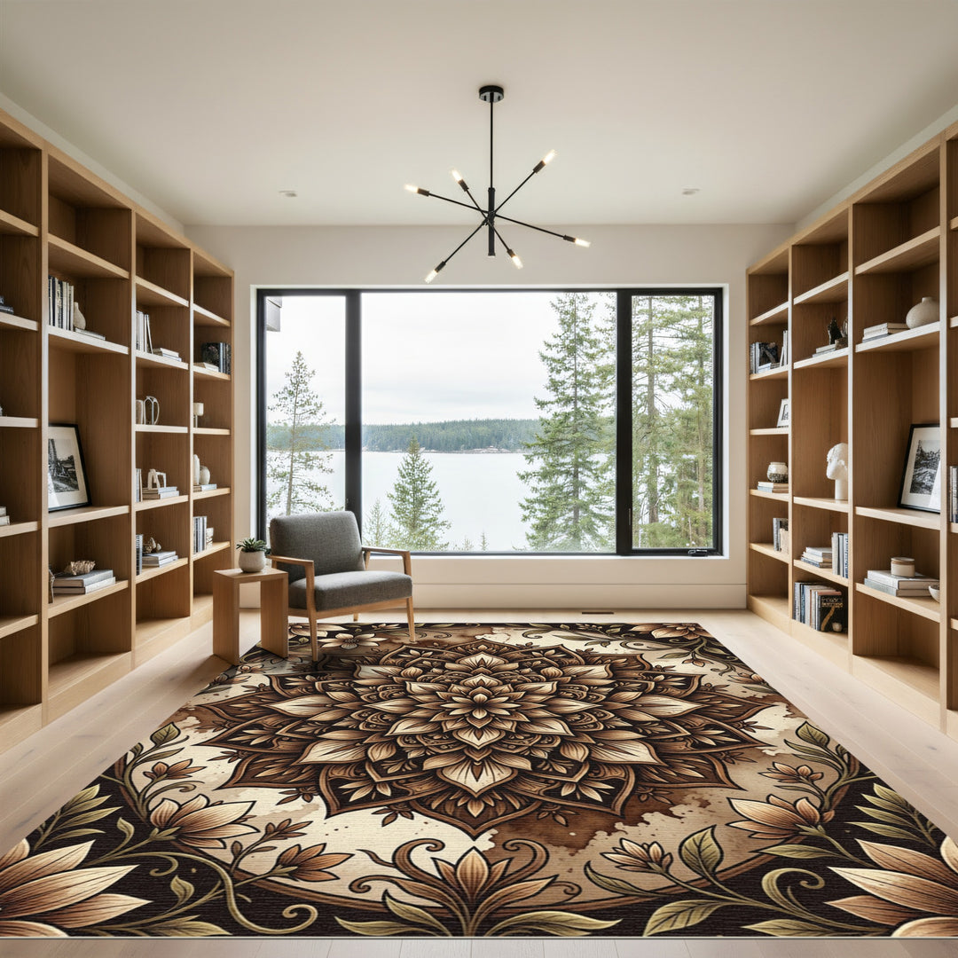 Classic Brown Floral Mandala Rug