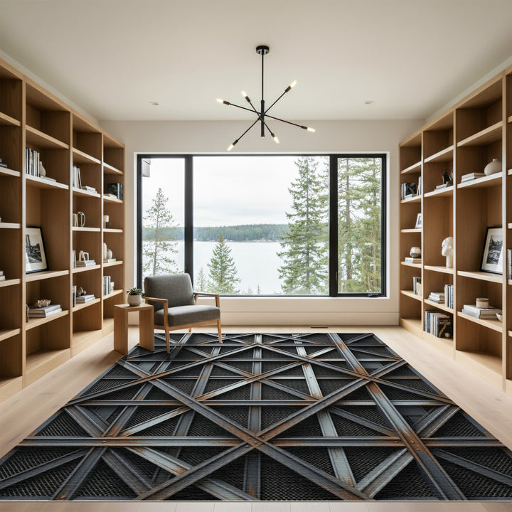 Industrial Geometric Metal Grid Rug