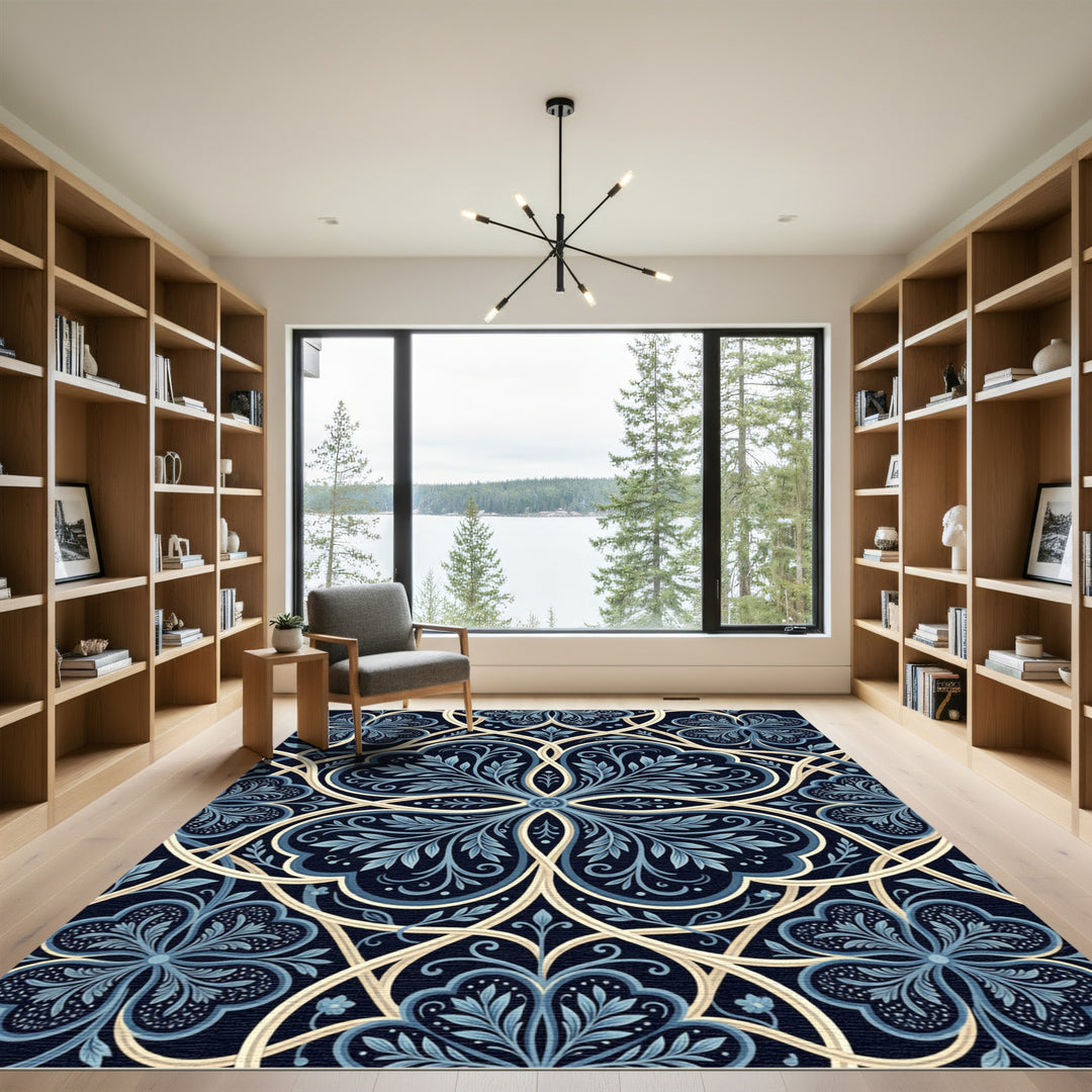 Navy Blue Floral Medallion Lace Rug
