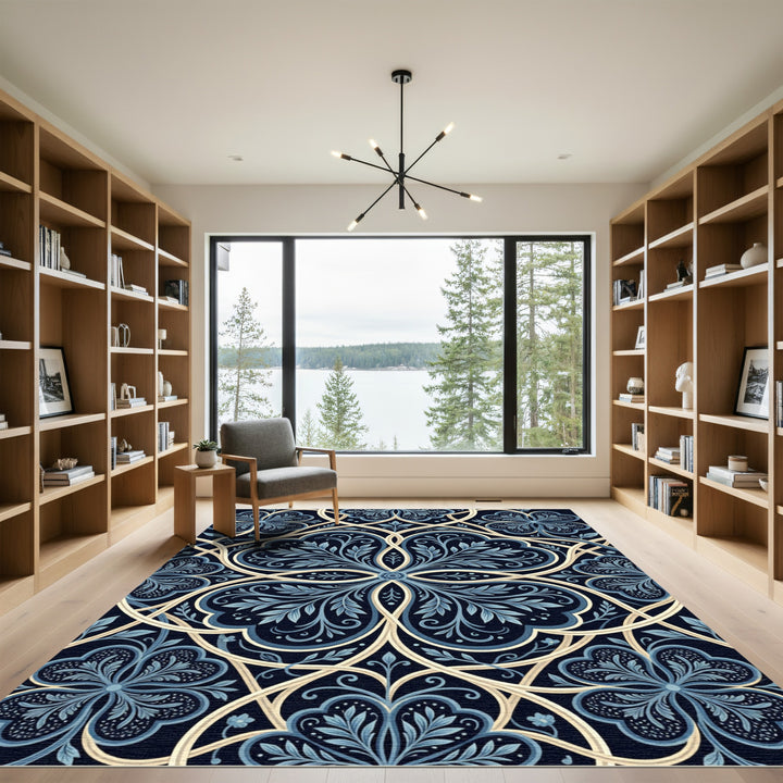 Navy Blue Floral Medallion Lace Rug