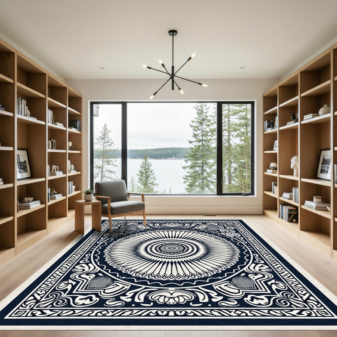 Elegant Black White Radial Mandala Rug