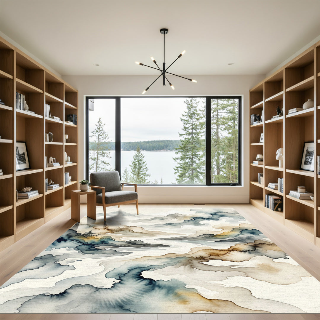 Ink Wash Landscape Mountain River Rug