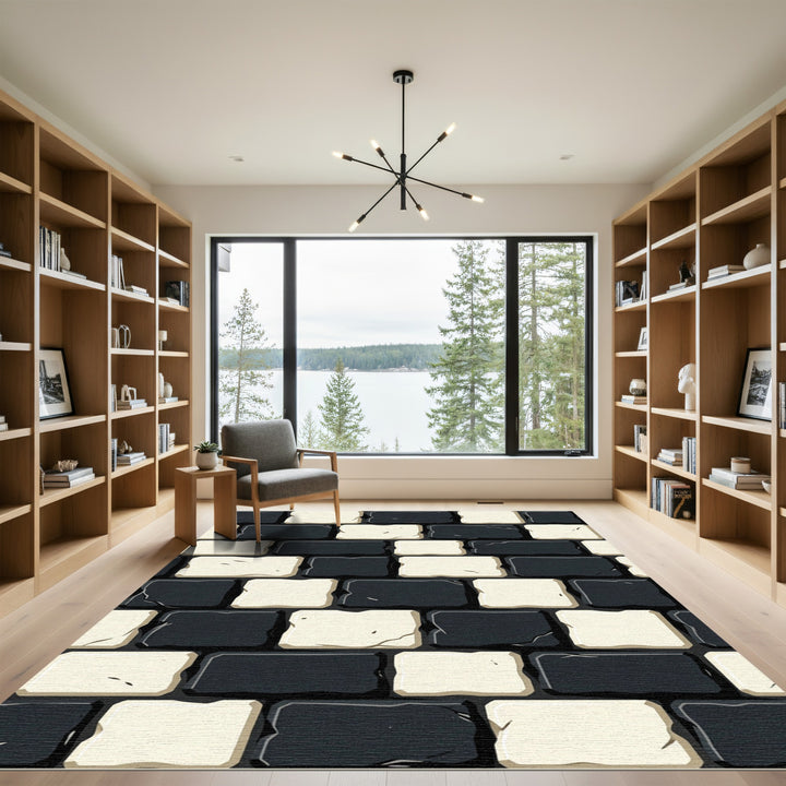Black White Checkerboard Stone Texture Rug