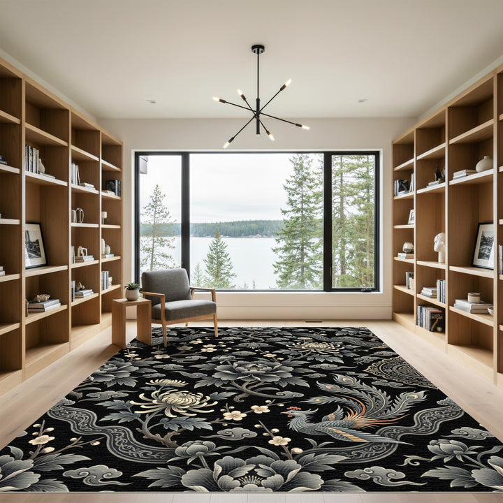 Elegant Black Peony Phoenix Floral Rug