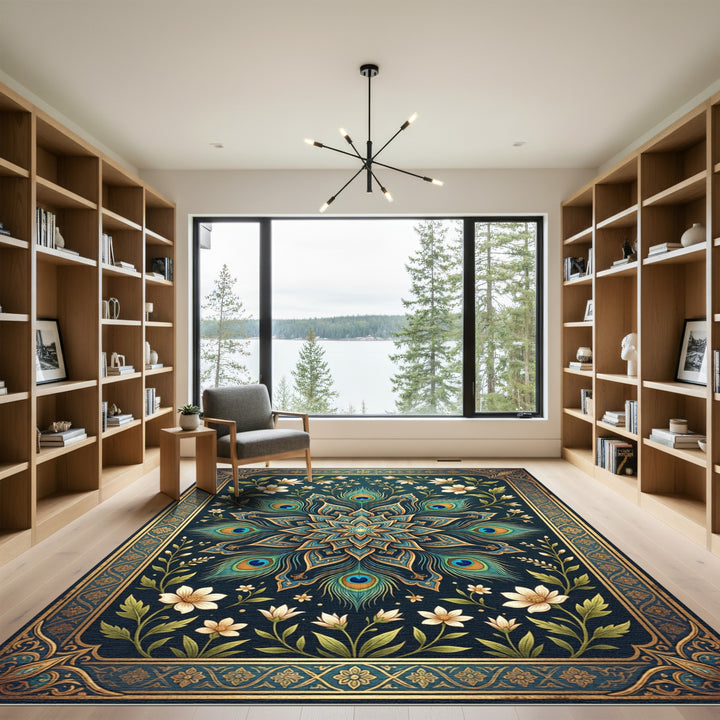 Emerald Peacock Feather Mandala Rug