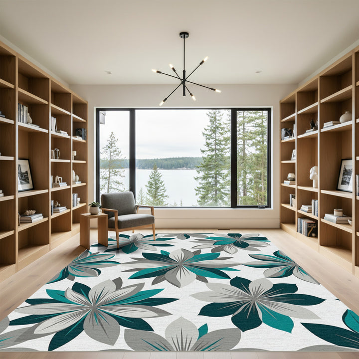 Teal Gray Mid Century Floral Rug