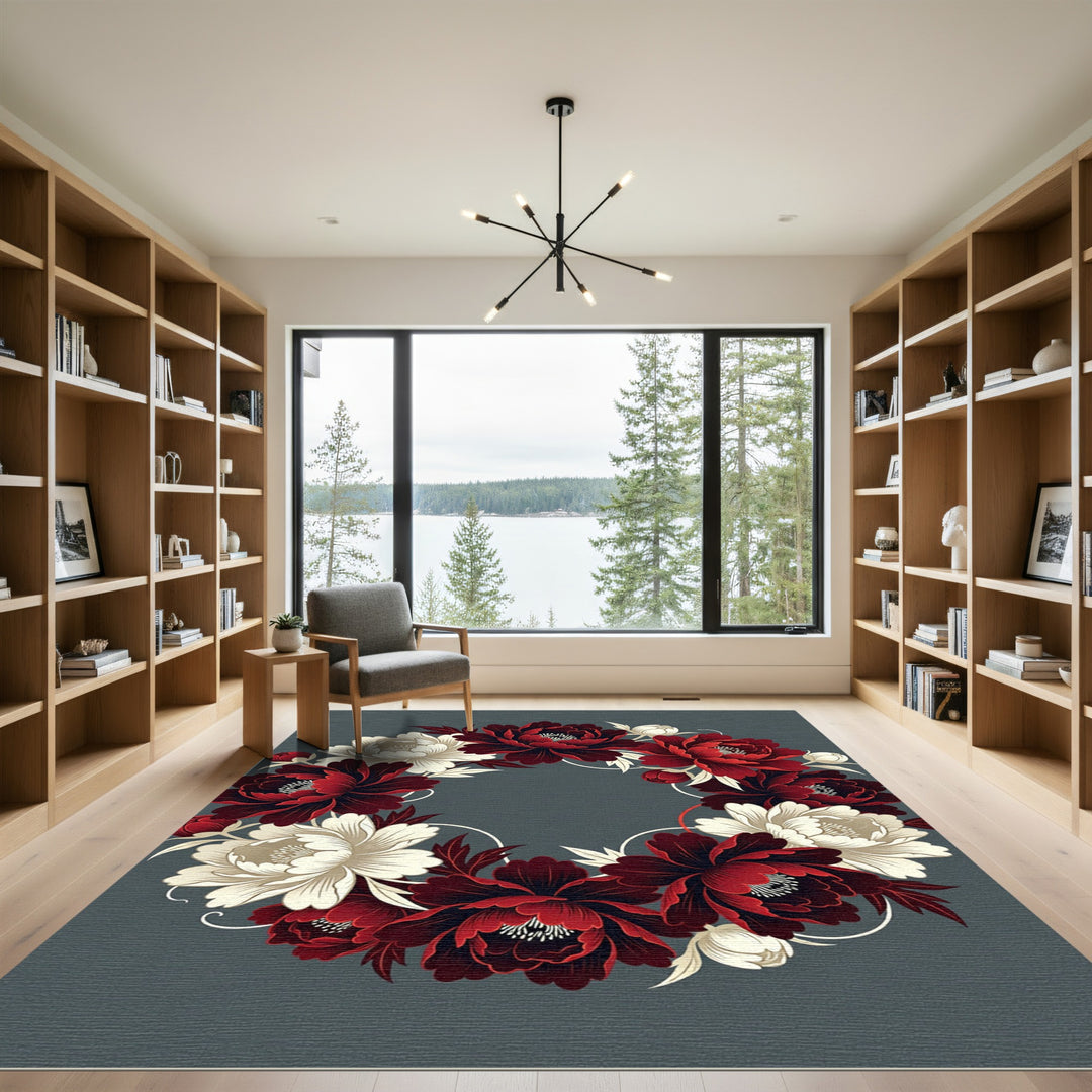 Crimson White Peony Floral Wreath Rug