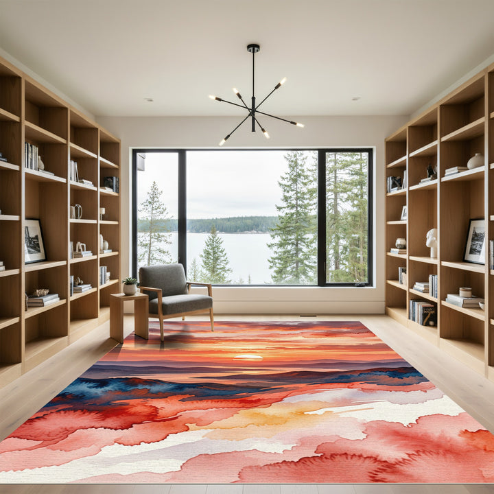 Crimson Sunset Mountain Landscape Watercolor Rug