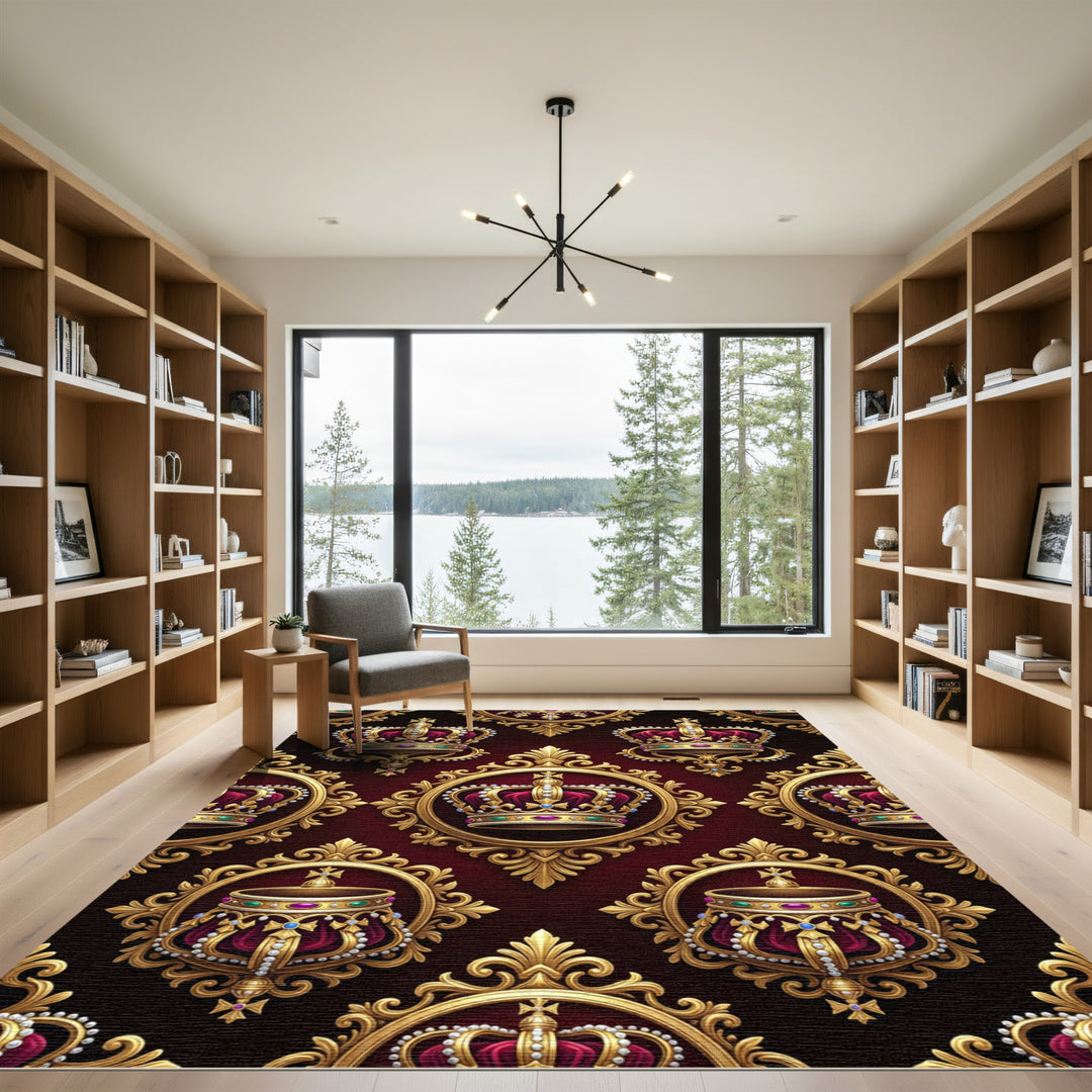 Regal Crimson Gold Crown Emblem Rug