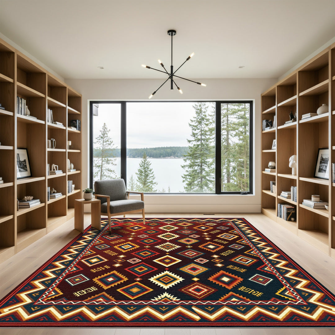 Rich Red Diamond Tribal Geometric Rug