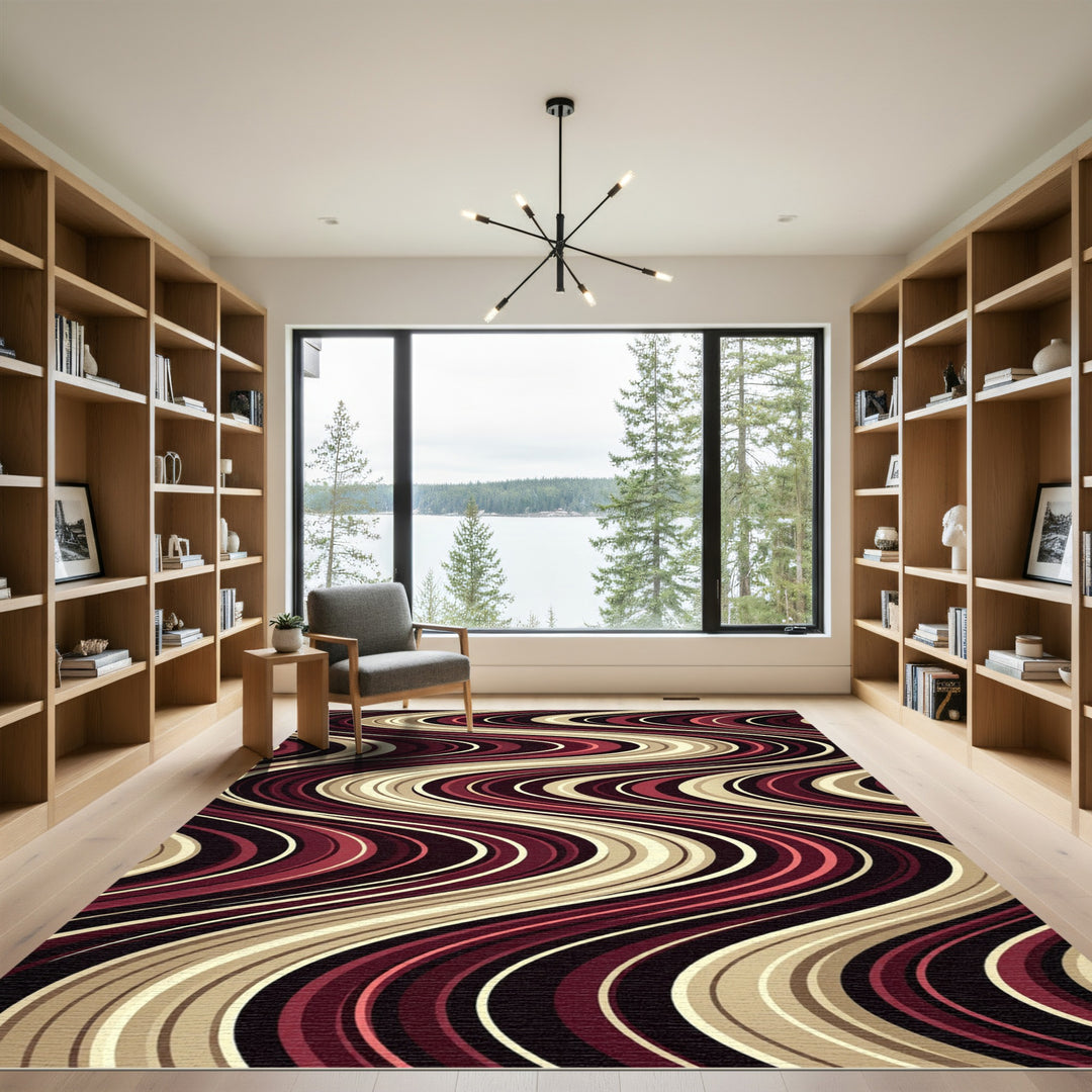 Retro Burgundy Cream Wave Swirl Rug