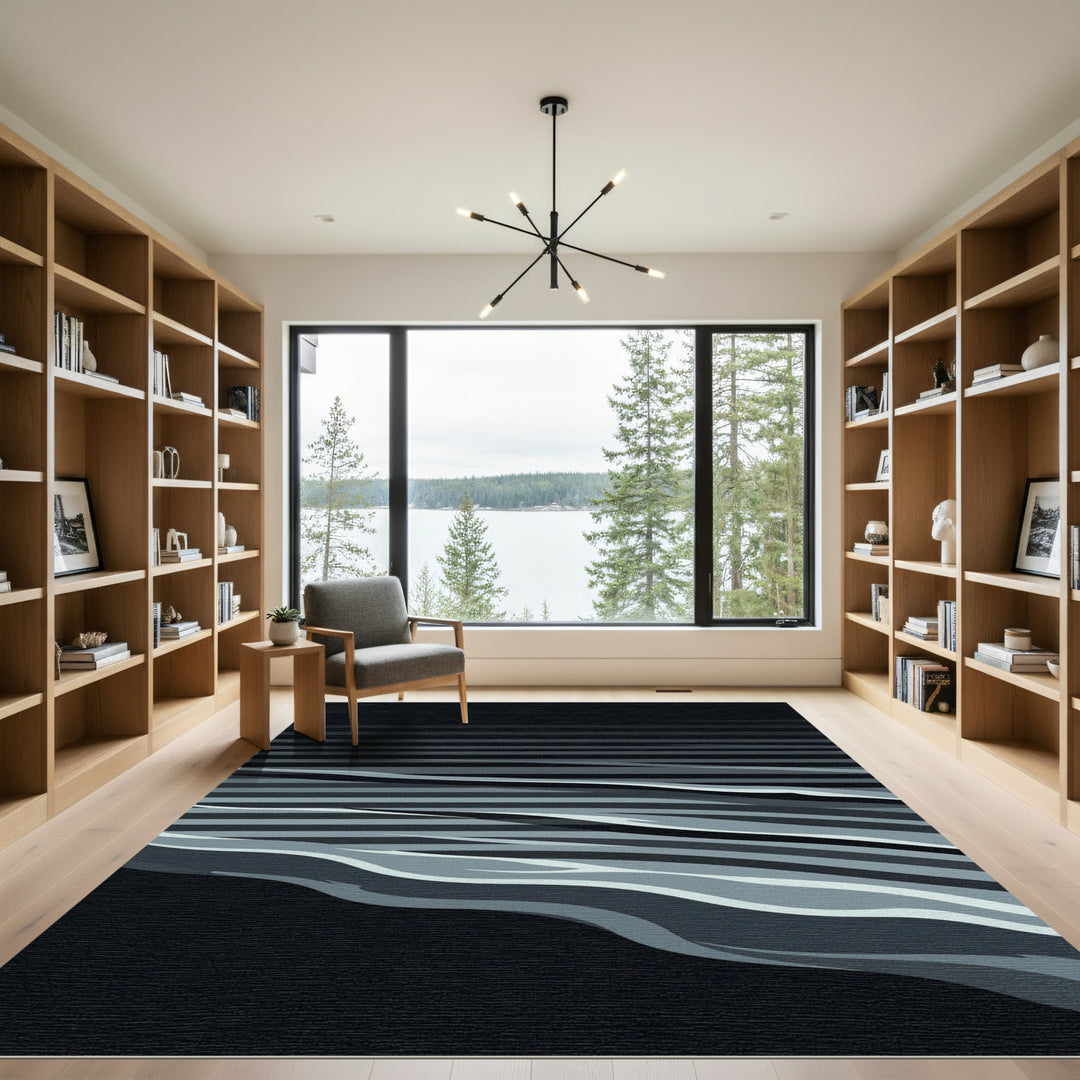Abstract Gray and Black Wave Rug