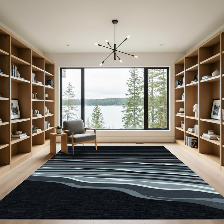 Abstract Gray and Black Wave Rug