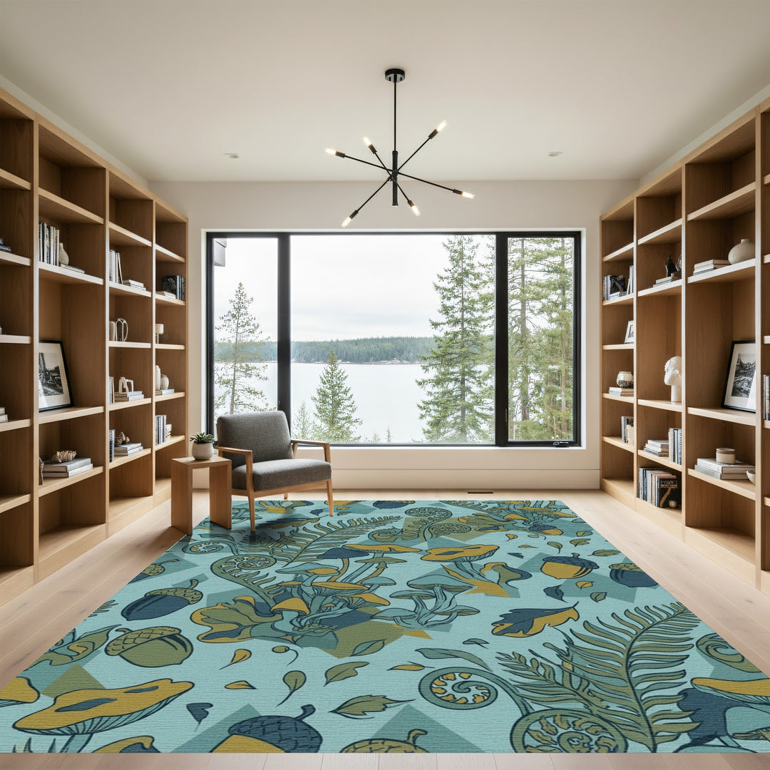 Forest Mushrooms Fern Acorns Teal Yellow Rug