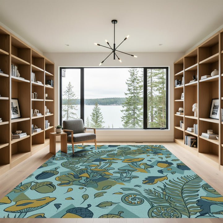 Forest Mushrooms Fern Acorns Teal Yellow Rug