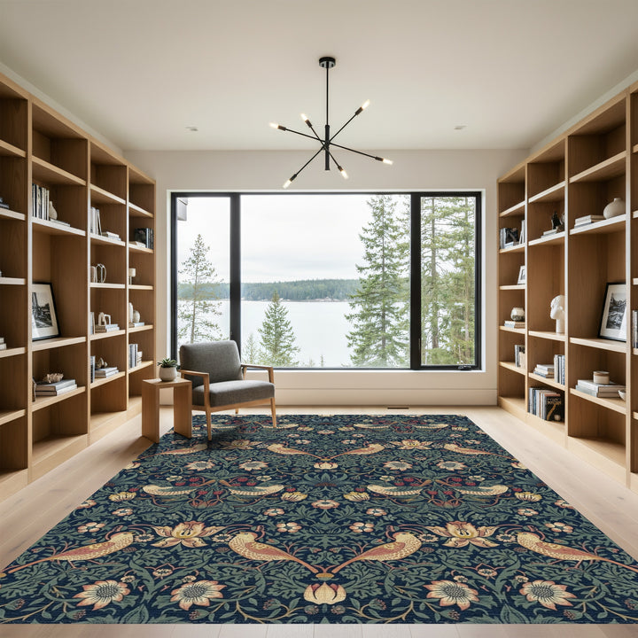Indigo Birds and Strawberry Vines Rug