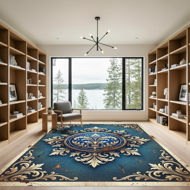 Ornate Blue and Gold Damask Rug