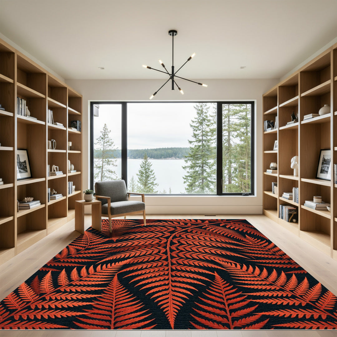 Vibrant Orange Fern Frond Cluster Rug