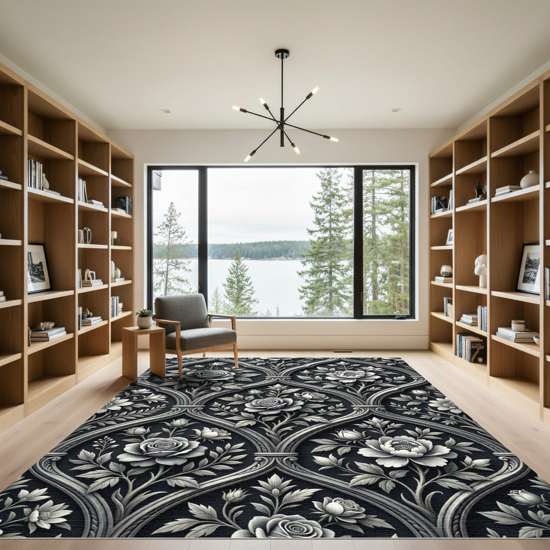 Elegant Black Rose Floral Damask Rug