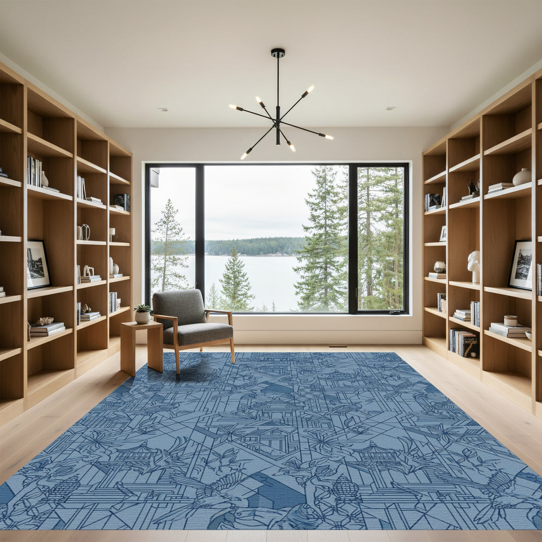 Blue Pagoda Birds Botanical Geometric Rug