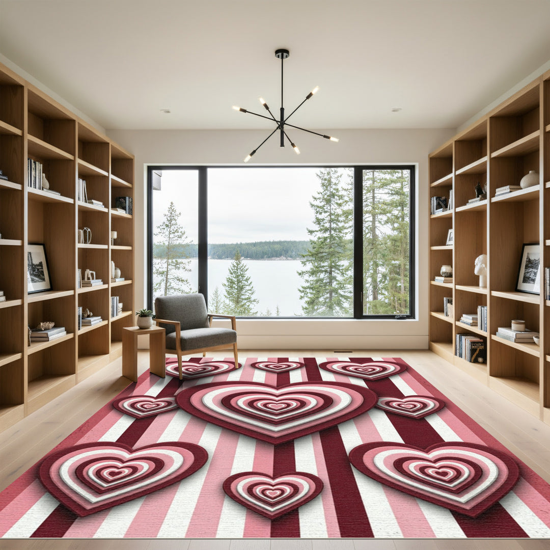 Layered Hearts On Pink Striped Rug
