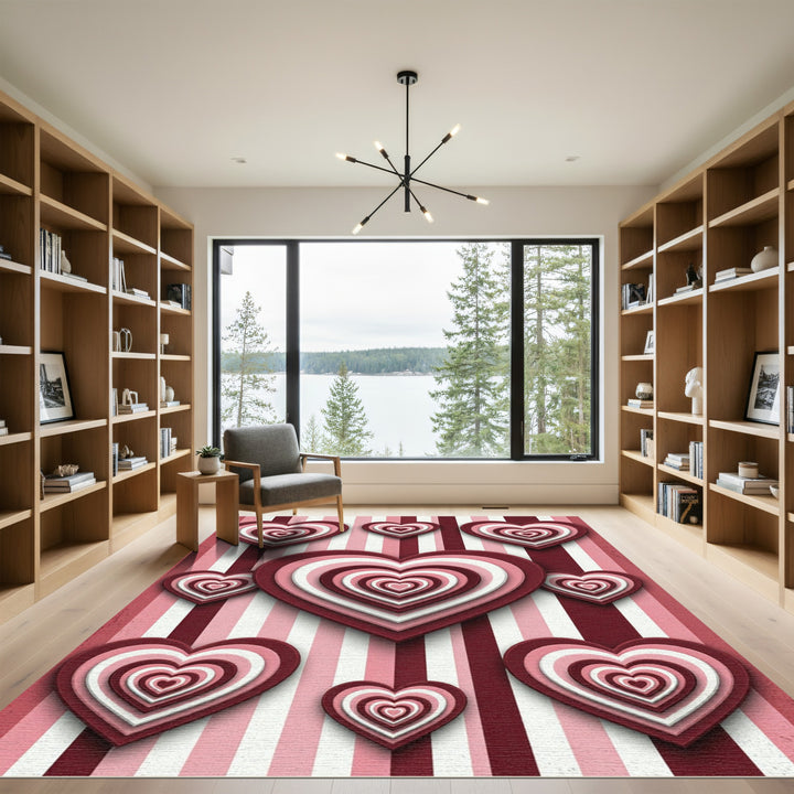 Layered Hearts On Pink Striped Rug