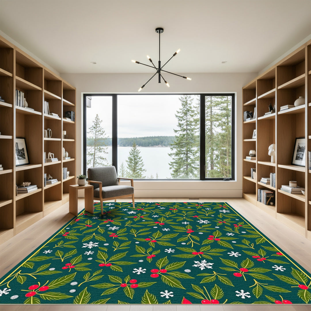 Teal Holly Berry Snowflake Festive Pattern Rug
