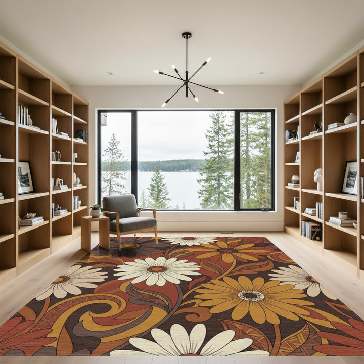 Retro Earthy Tone Floral Daisy Rug
