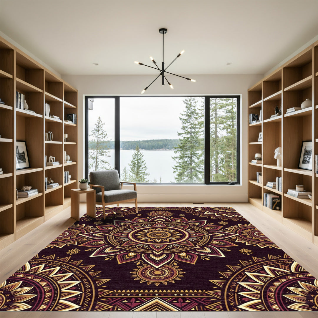 Rich Crimson Gold Mandala Rug