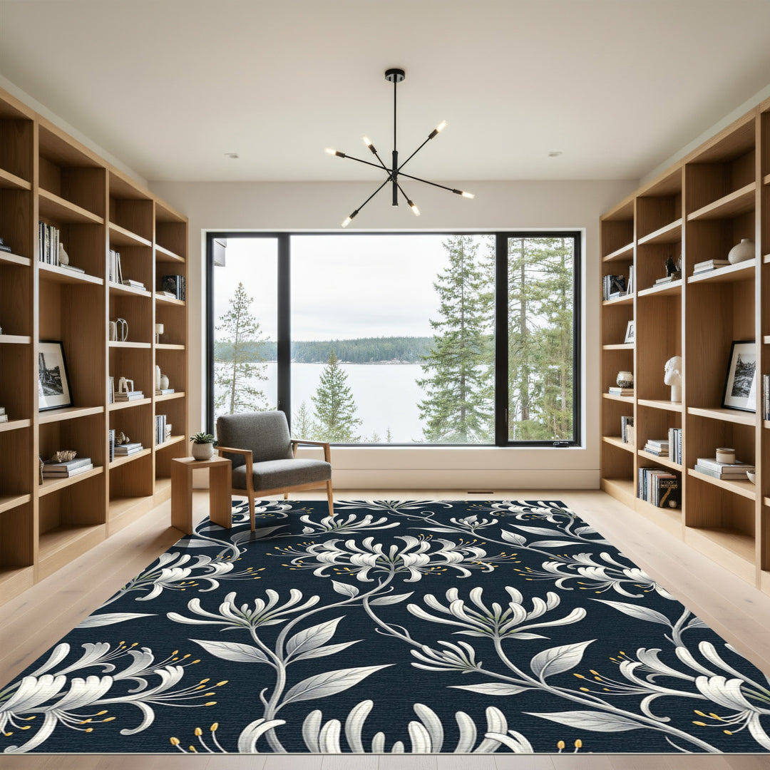 Elegant White Honeysuckle Dark Floral Rug