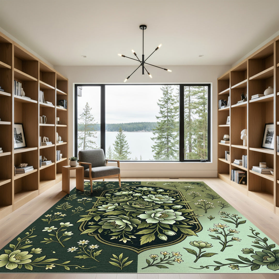 Elegant Green Peony Floral Rug