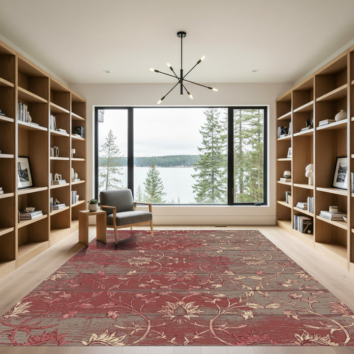 Rustic Red Scrolled Floral Wood Panel Rug