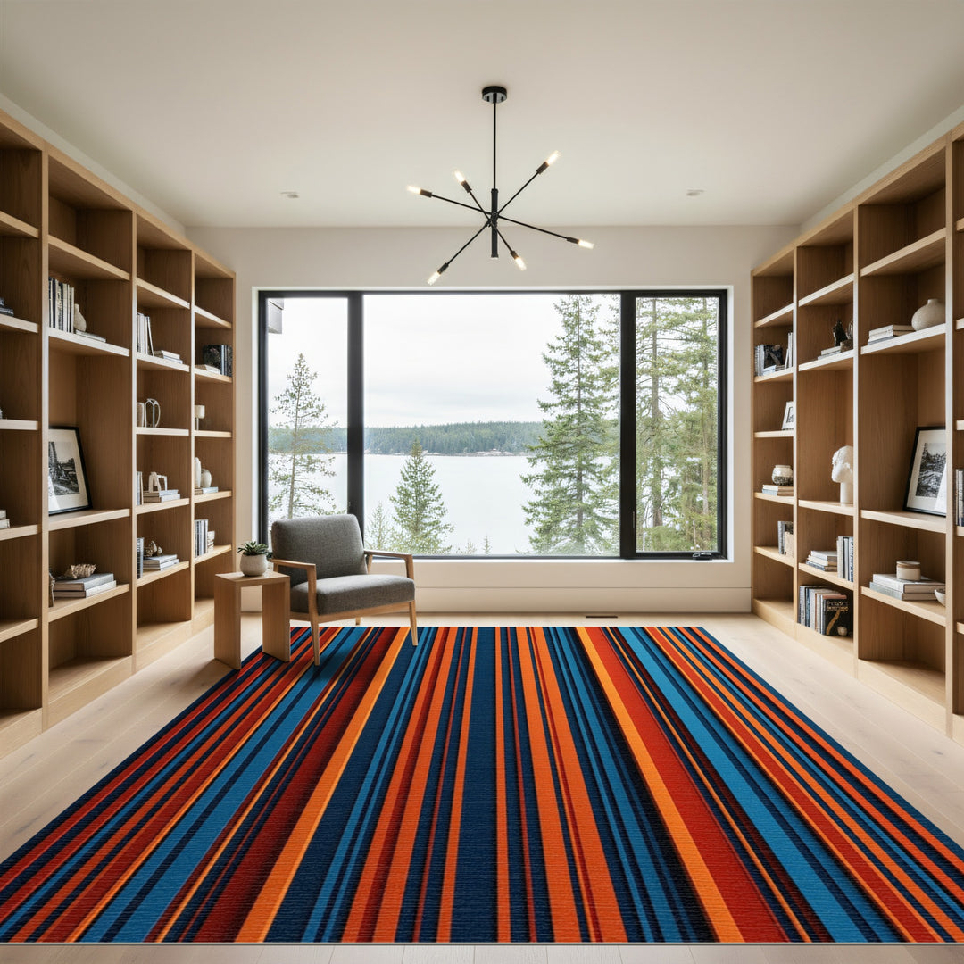 Deep Blue Orange Striped Composition Rug