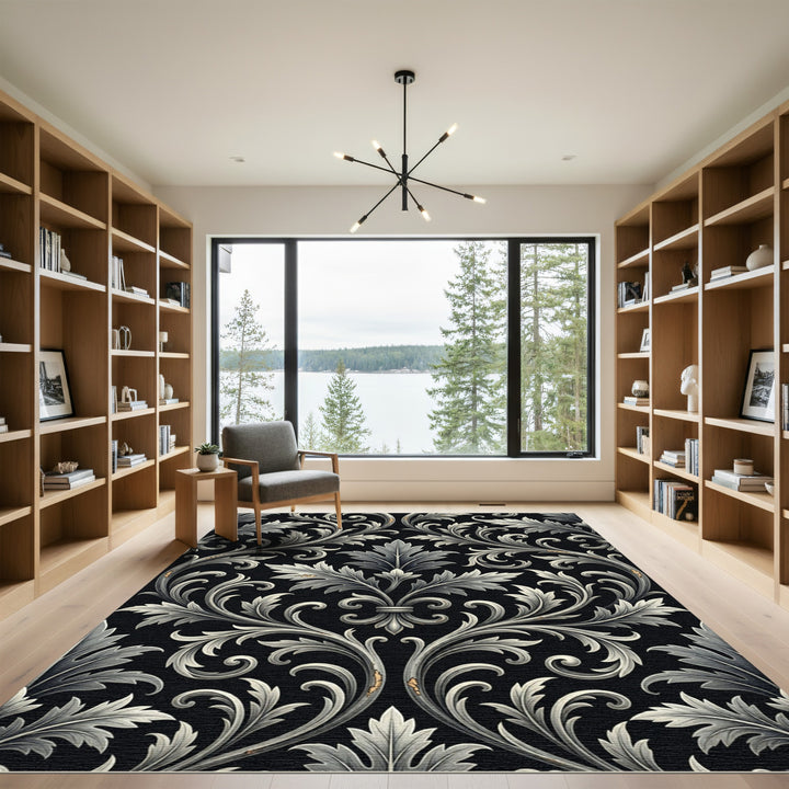 Ornate Black Silver Acanthus Scroll Rug